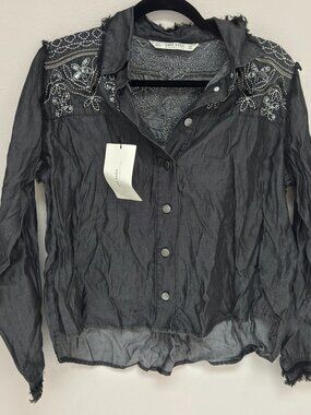 Zara Basic Gray Denim Sequin Beaded Embellished Shirt Raw Edge NWT L